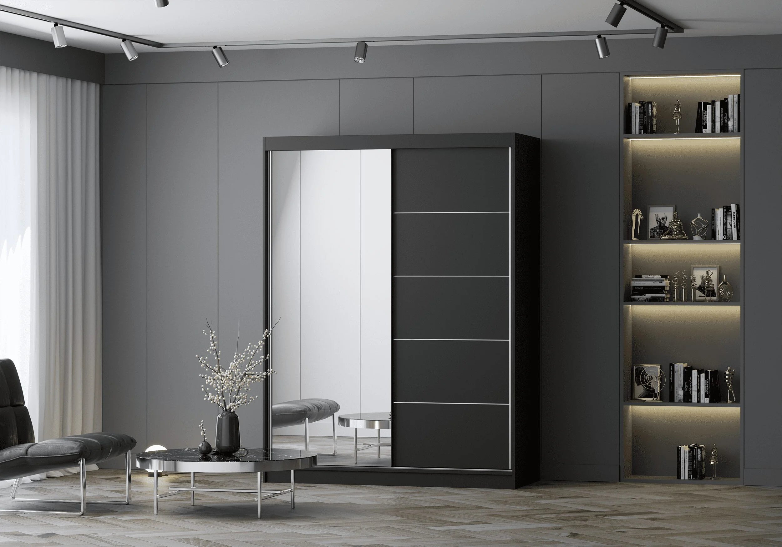 VISTA 05 150cm x 200 cm Black Wardrobe with Mirror and 2 Sliding Doors