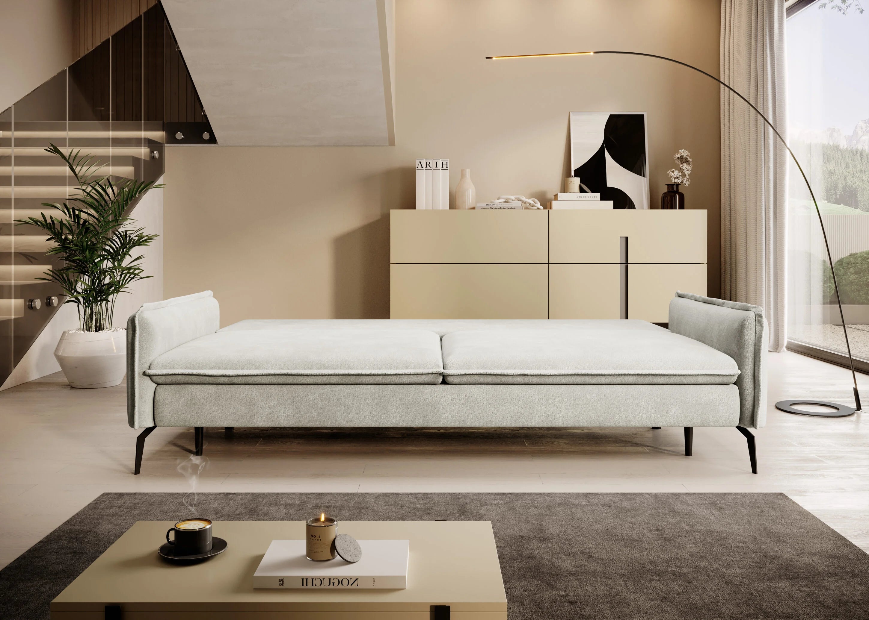 GLOSSY GREY SOFA WITH SLEEP FUNCTION AND STORAGE