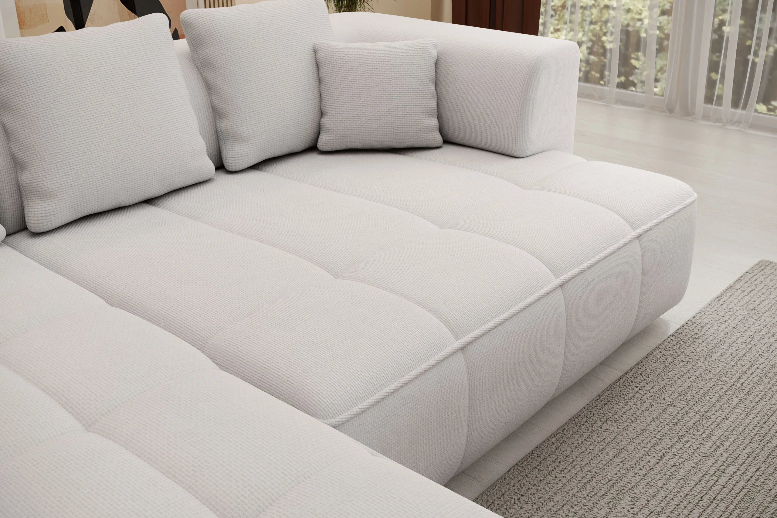 Gray corner sofa bed ALBIO S in a living room setting with a neutral color palette.