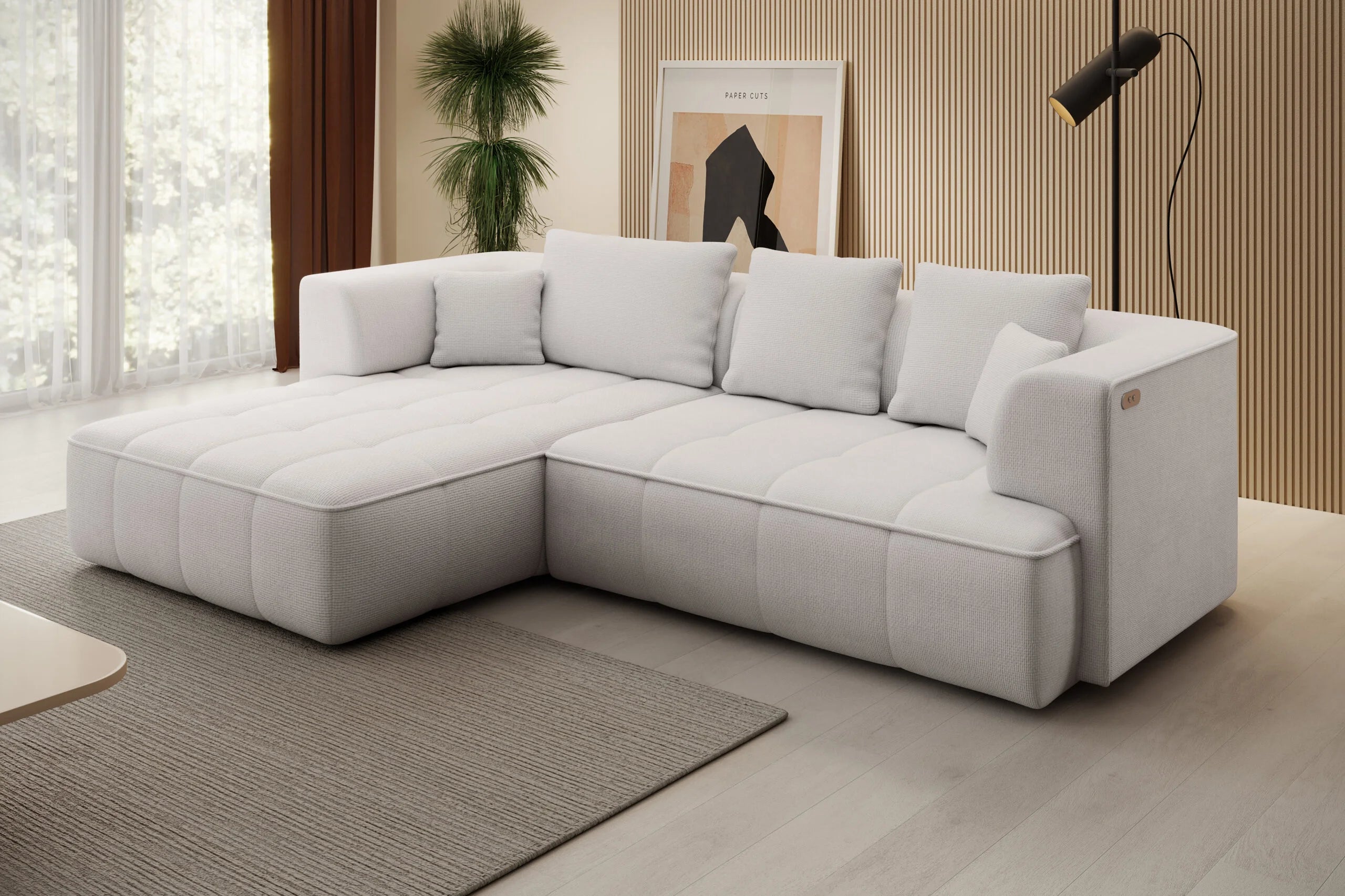 White ALBIO S corner sofa in a living room setting with a rug and decor elements.