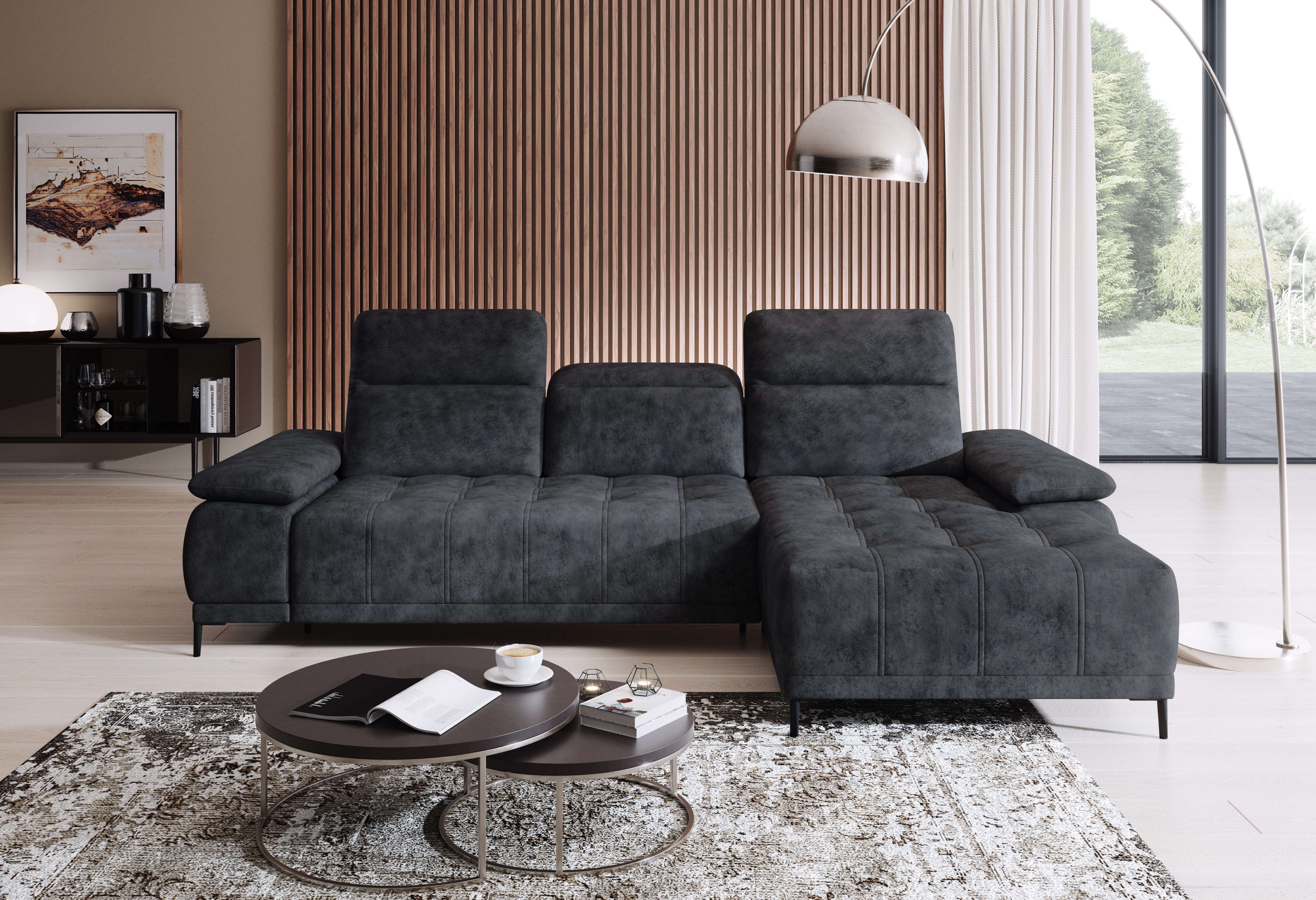 FOCUS S - Black Corner Sofa with Electrically Extendable Seat