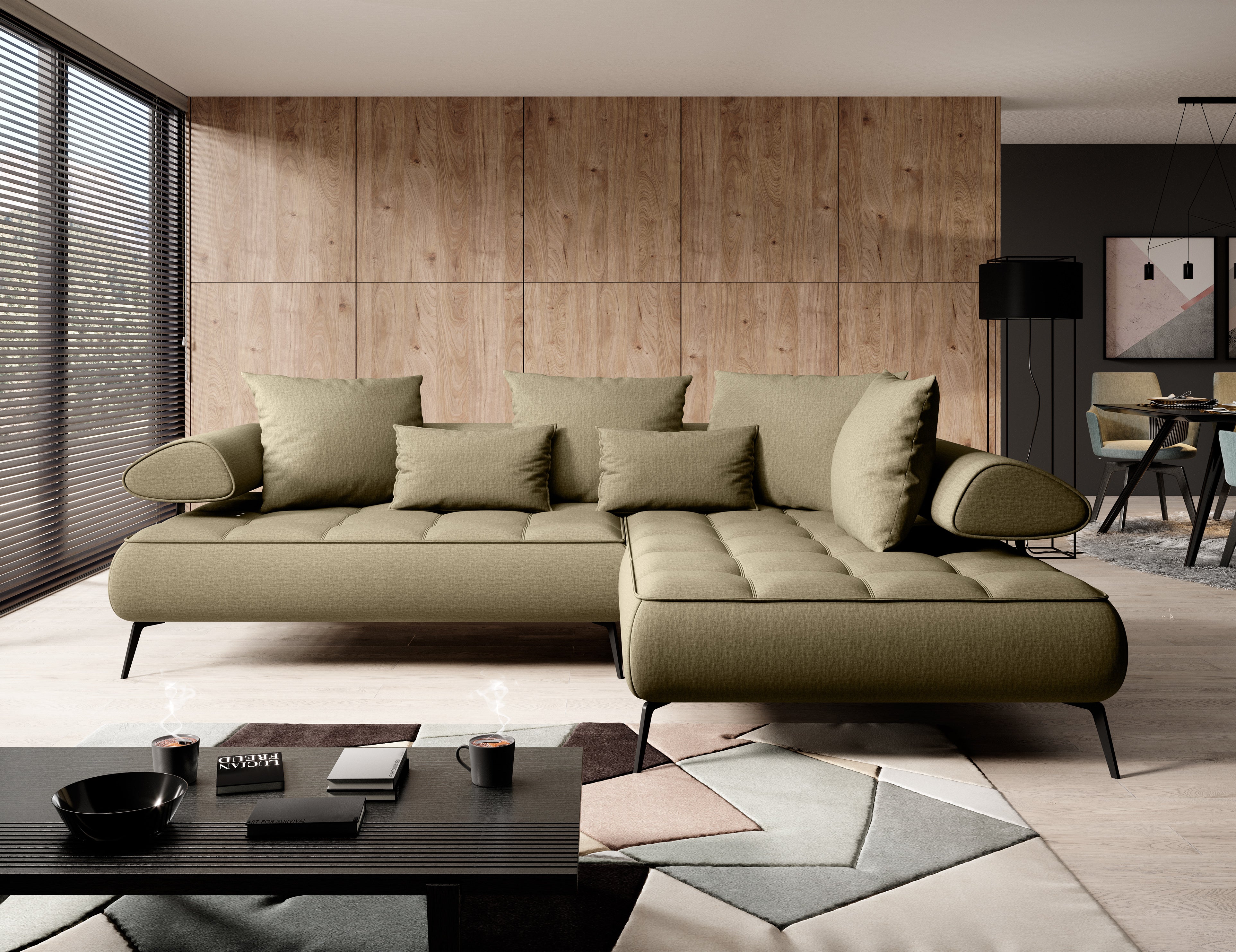 SELEDO L Green Fabric Corner Sofa Bed with Electrically Extendable Seat
