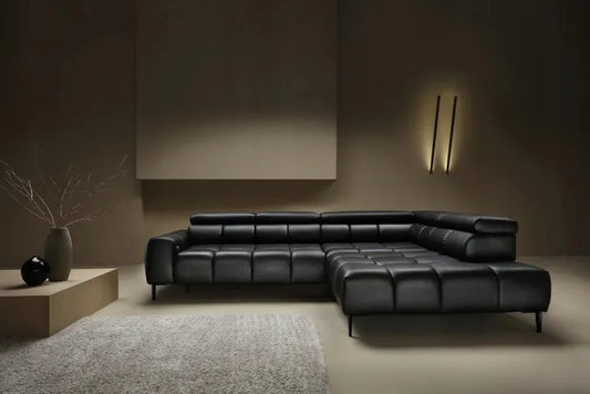 PLAZA L BLACK NATURAL LEATHER CORNER SOFA WITH ELECTRIC SEAT ADJUSTMENT