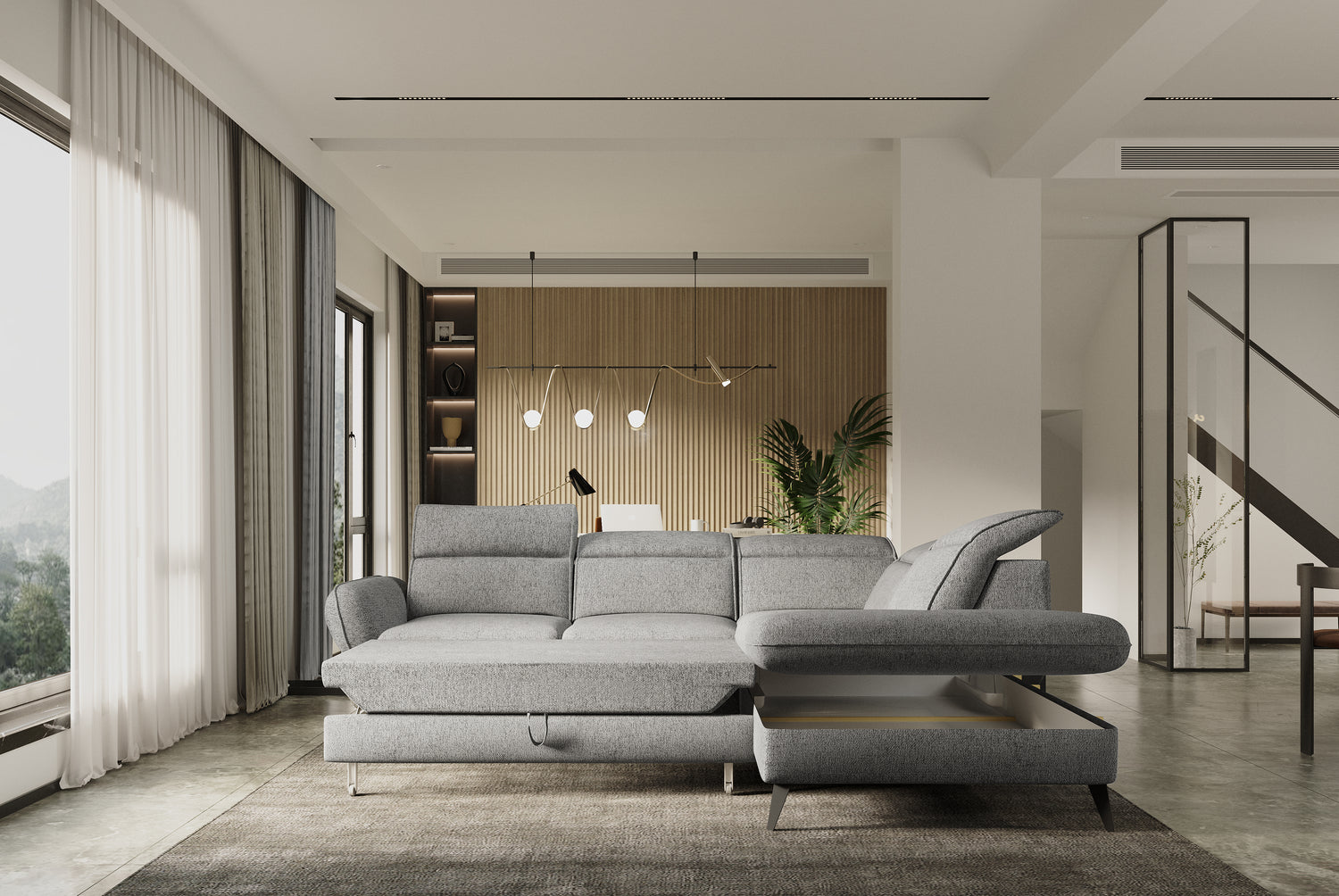 Alessio L Left Sofa featuring modern grey colour and hidden storage