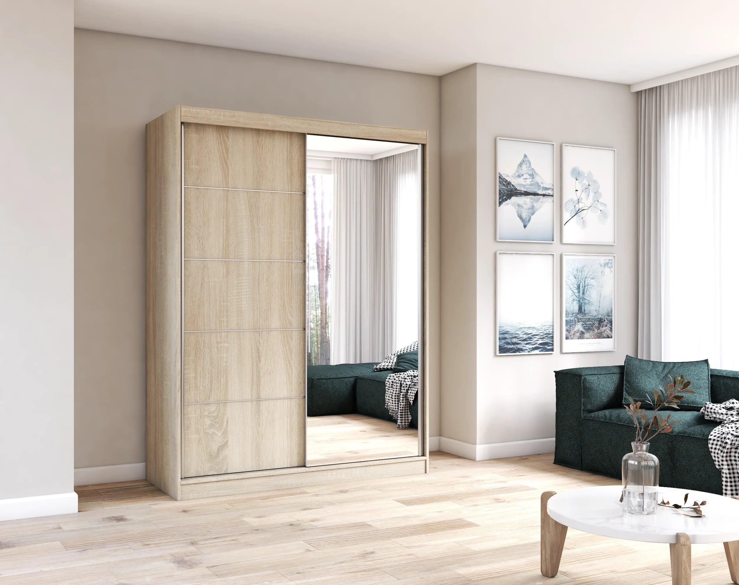 VISTA 05 150cm x 200 cm - Wardrobe with Sliding Doors Sonoma Oak with Mirror