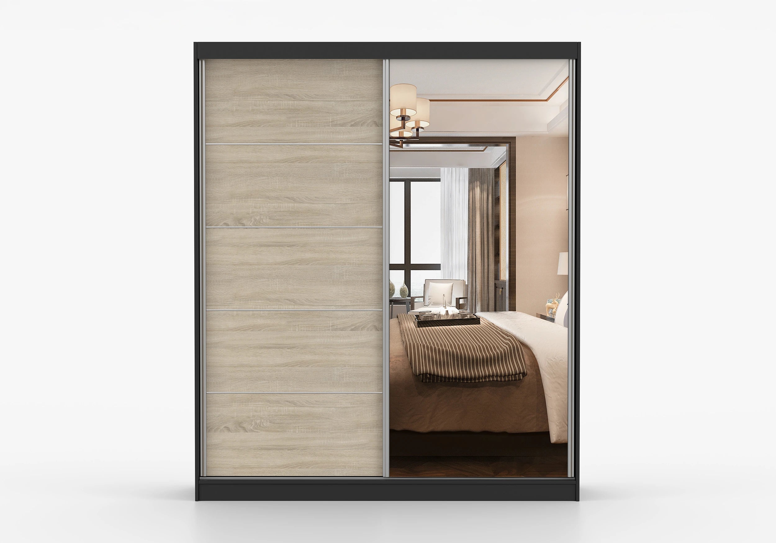 BELLA Black, Sonoma Oak with Mirror Wardrobe with 2 door Sliding Doors 183 cm x 61 cm