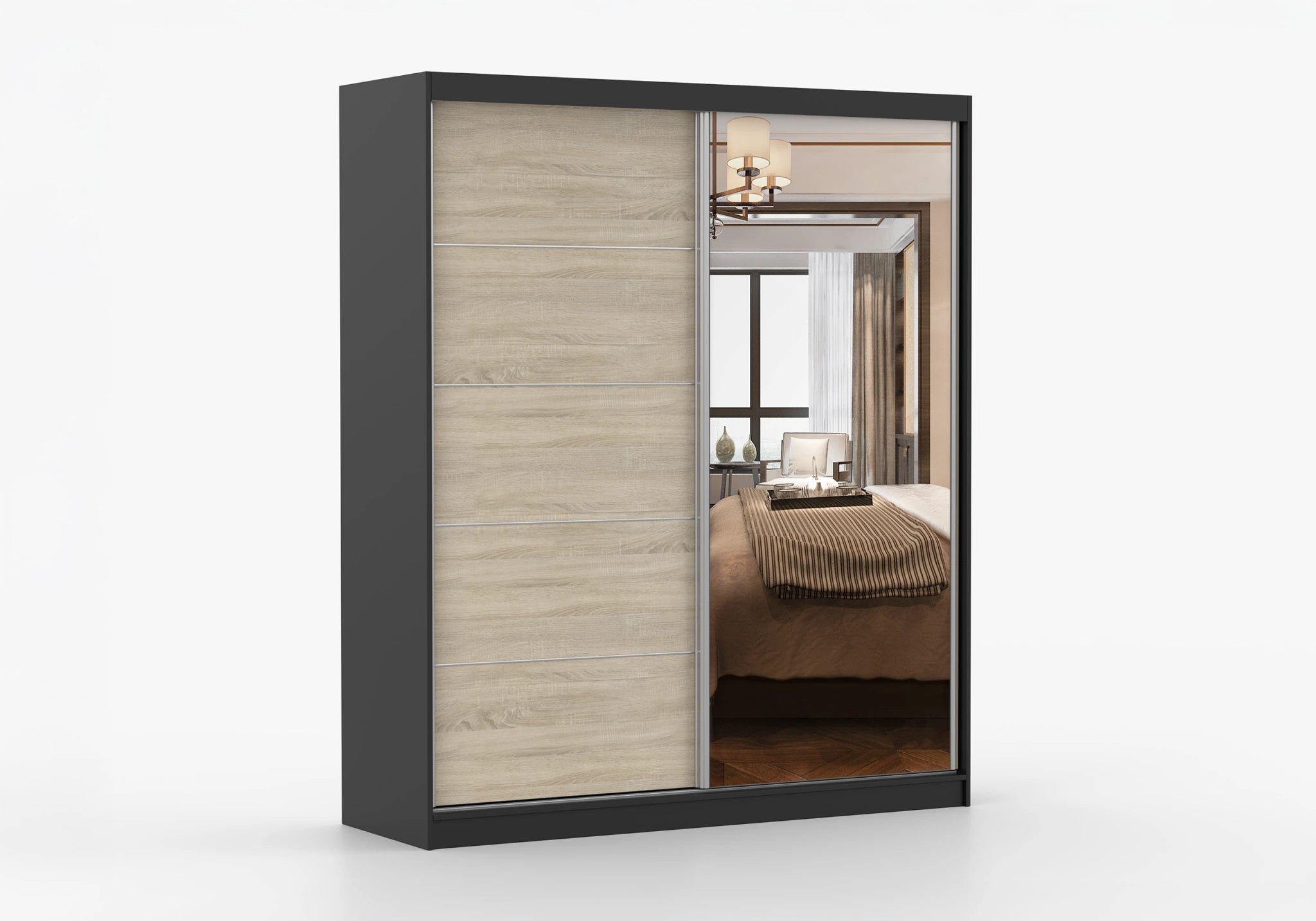 Black, Sonoma Oak with Mirror BELLA Wardrobe with 2 Sliding Doors and mirror 183 cm x 61 cm