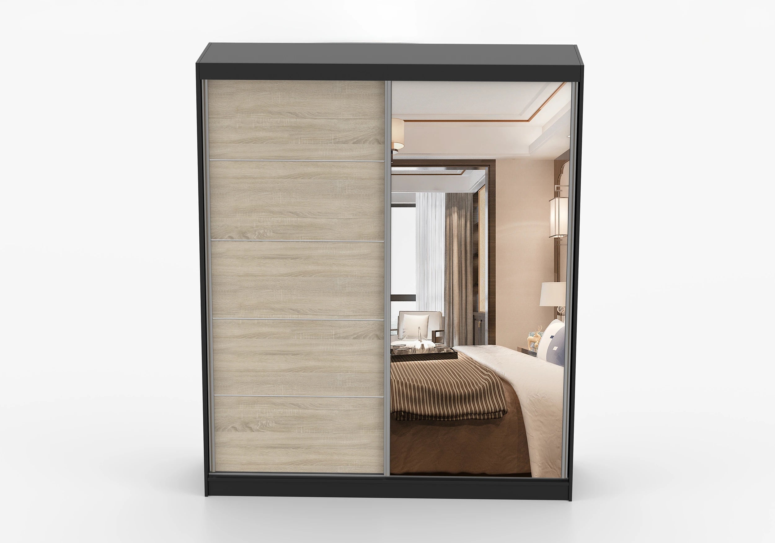 BELLA - Wardrobe with Sliding Doors 183 cm x 61 cm image Black, Sonoma Oak with Mirror