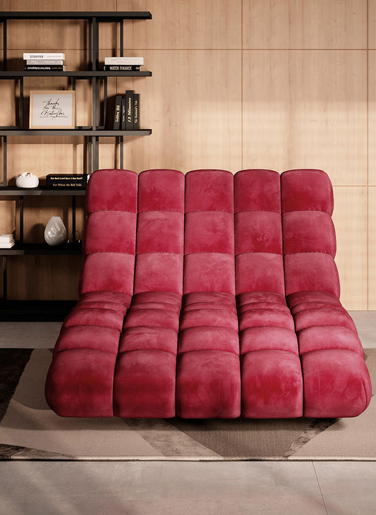 Red Delphi 120 - Chaise longue a room with wooden walls and shelves.