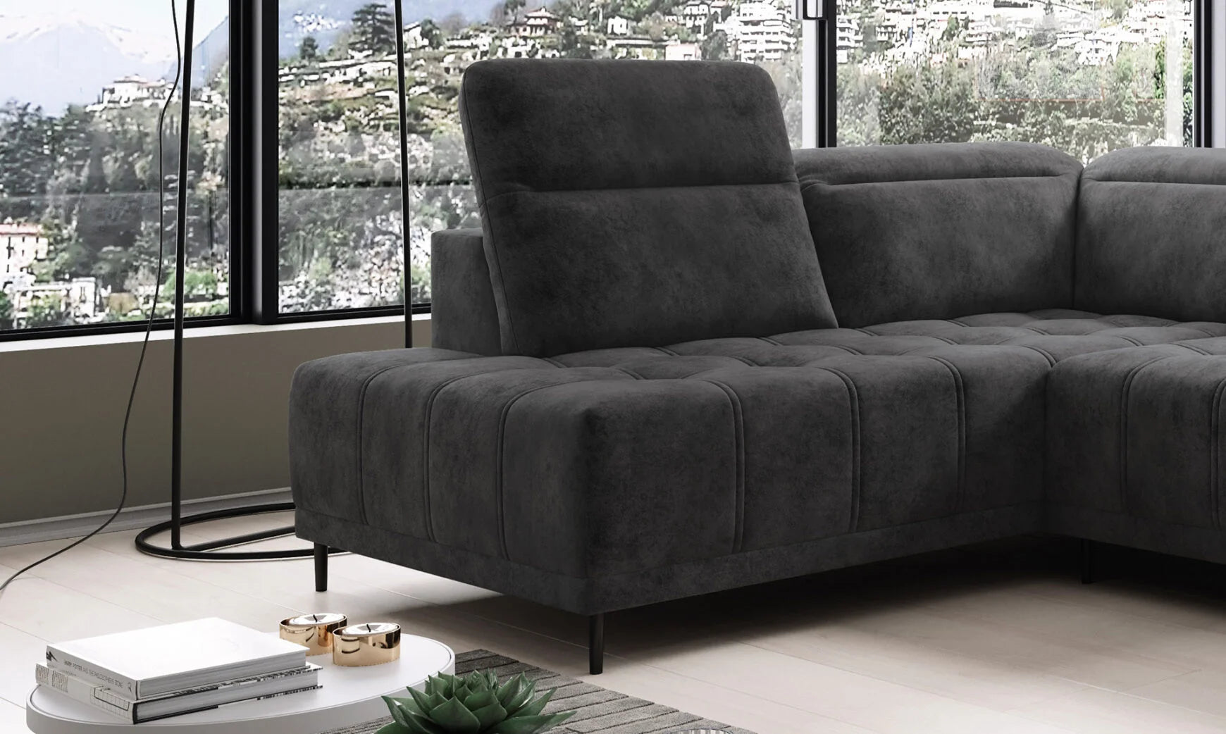 FOCUS XL velvet U Shaped Corner Sofa with electric seat depth regulation