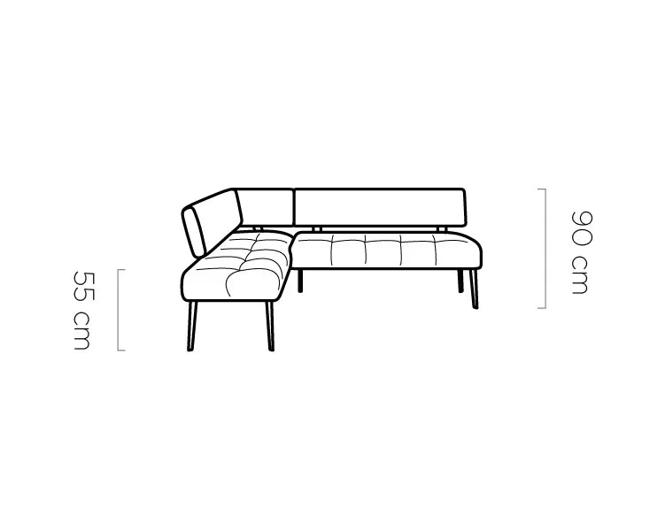 Line drawing of a Milo L shaped kitchen corner sofa sofa with dimensions labeled
