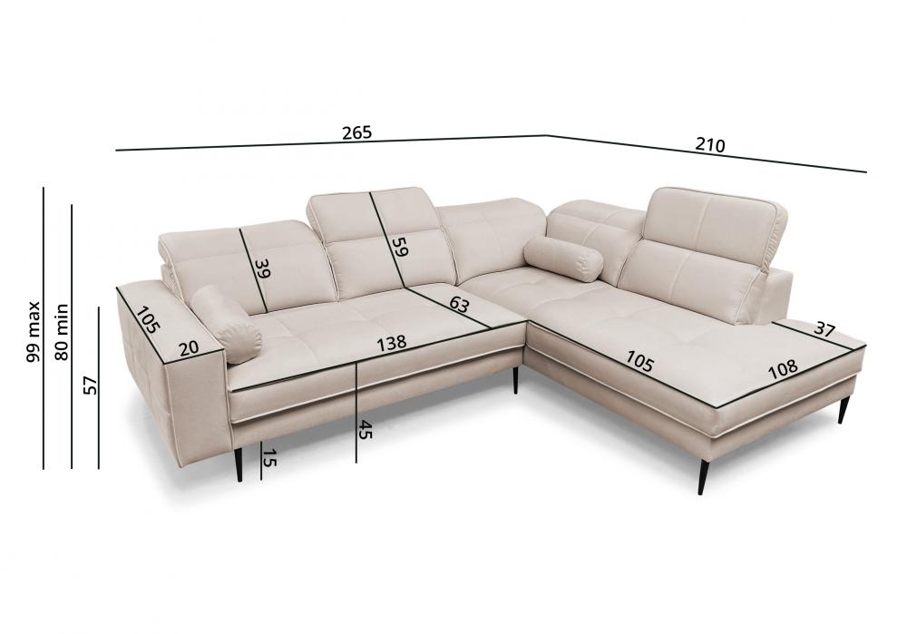 Beige Divano corner sofa with dimensions on a white background