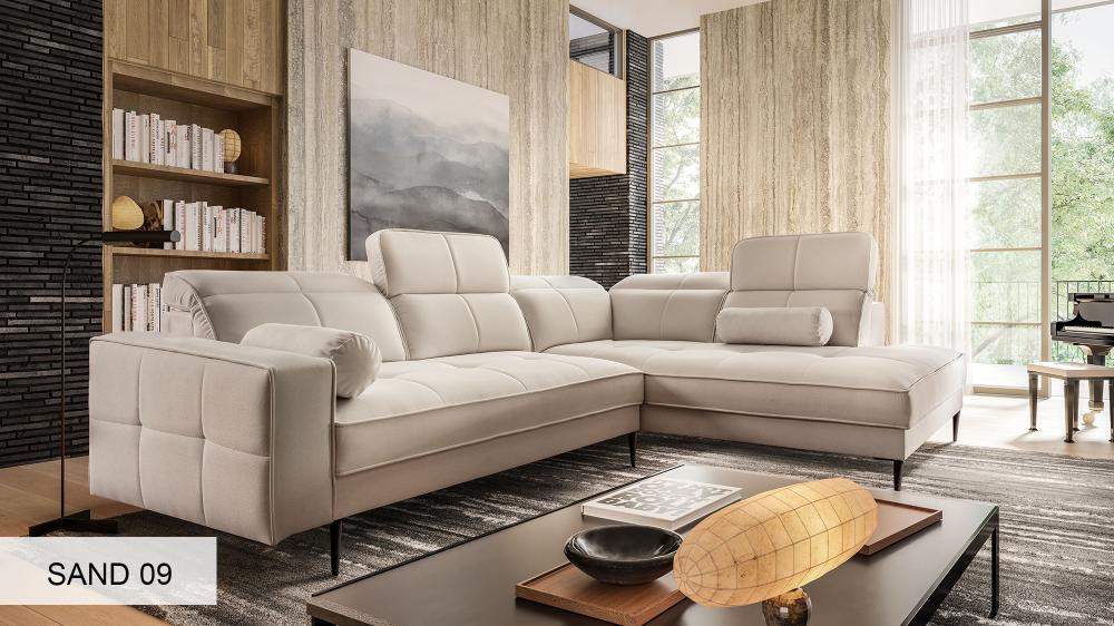 DIVANO Corner Sofa Chaise Grey fabric  in a modern living room with large windows and a bookshelf.