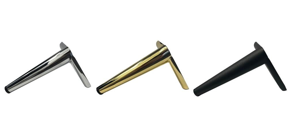 Three metal legs in silver, gold, and black on a white background