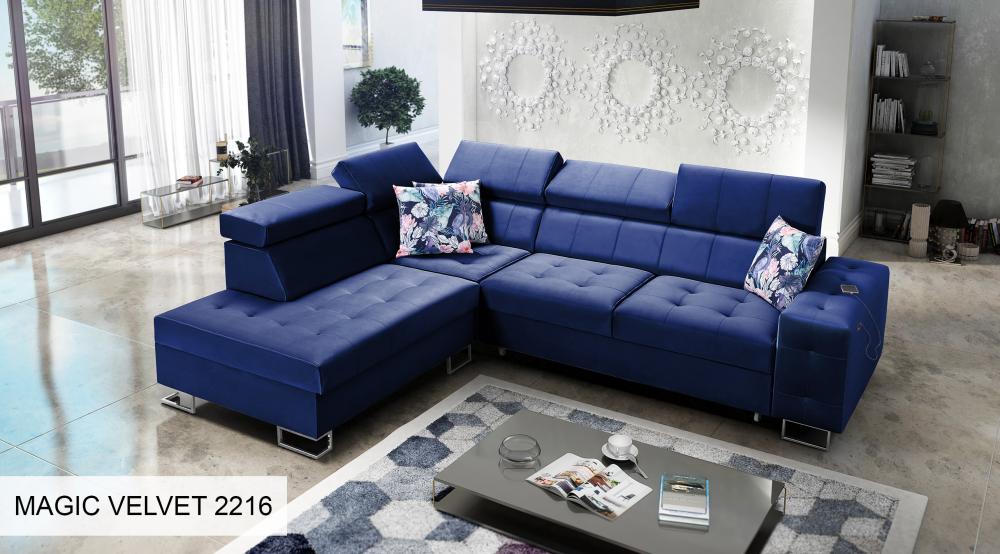 Hera VII Blue Corner Sofa Bed With Chaise Storage