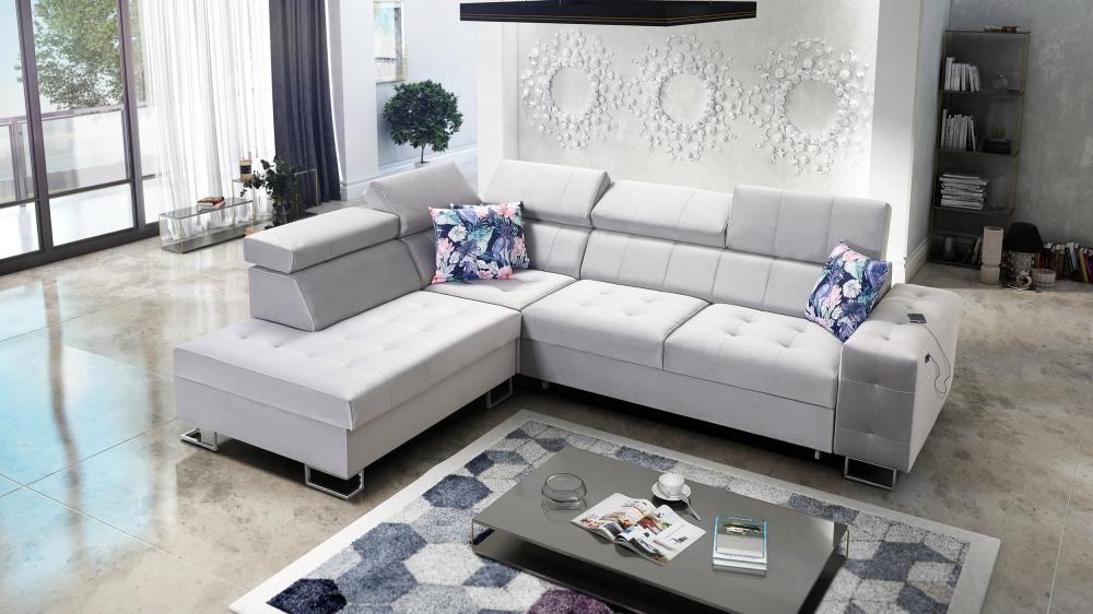 Hera VII off grey velvet Corner Sofa Bed With Chaise Storage