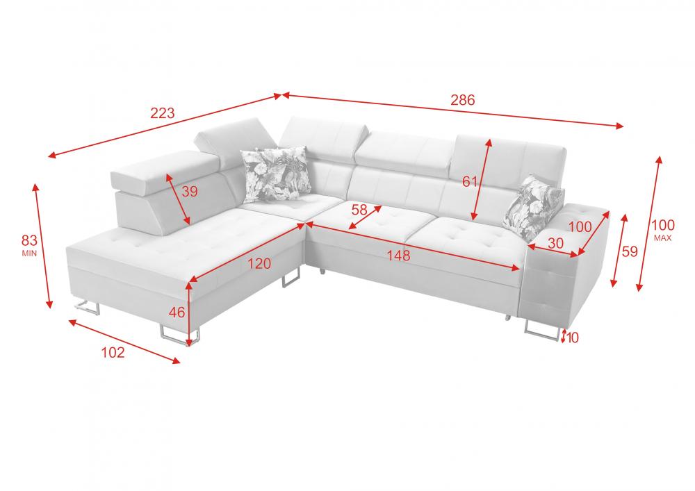 HERA VII Corner Sofa Bed With Chaise Storage DIMENSION IMAGE
