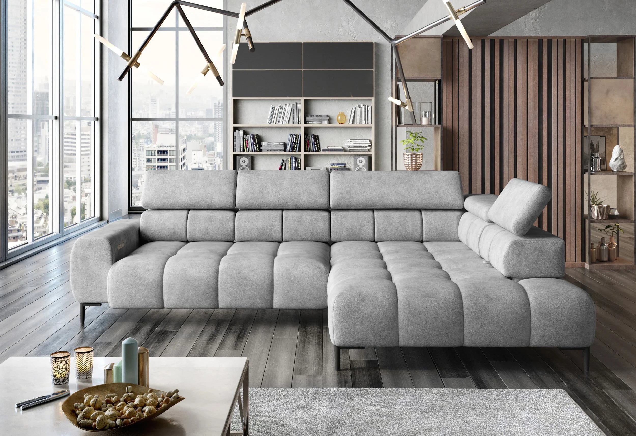 Grey Fabric PLAZA L Corner Sofa with Electrically Extendable Seat