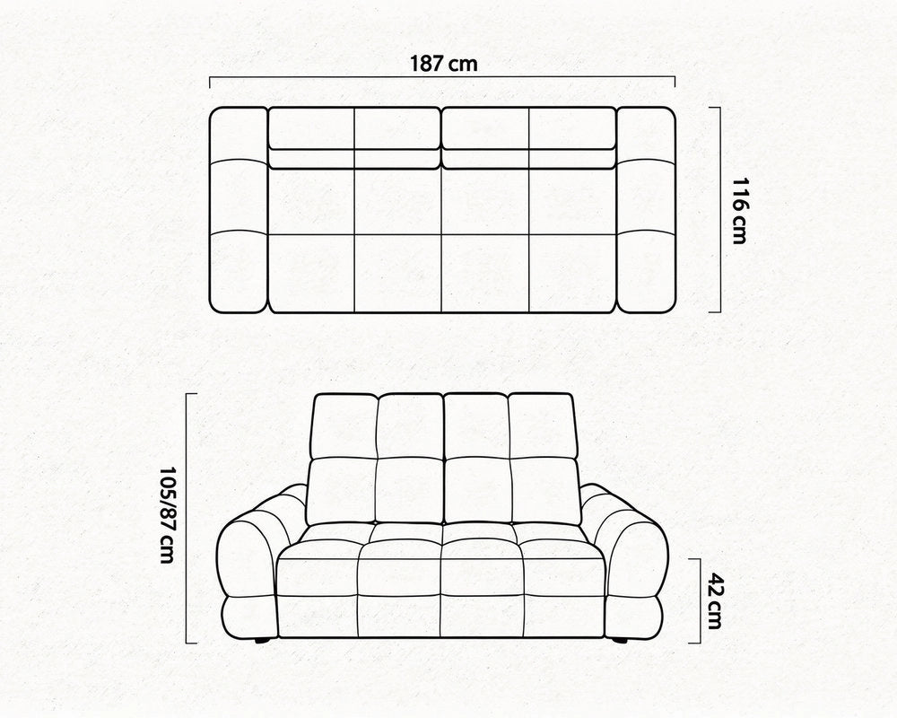 TOLLO S2E electric 2 seater sofa dimensions 187 cm width