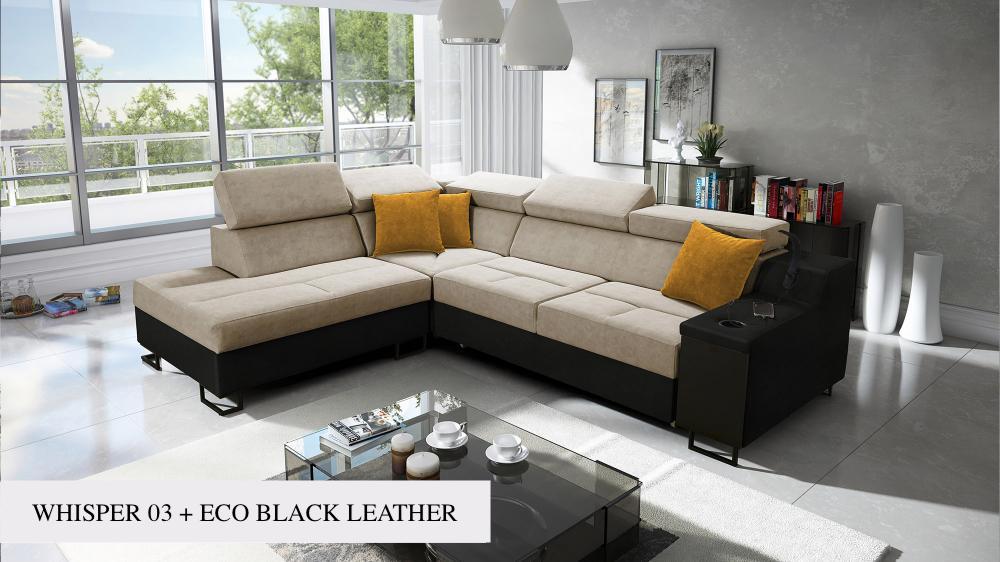 Ample VII corner sofa, cream colour, black eco leather