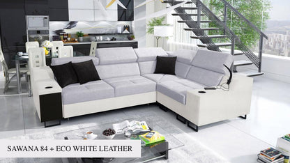 ALICANTE II corner sofa bed, white colour with black features