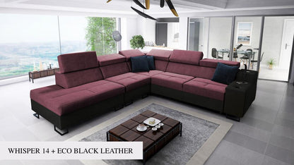 ALICANTE IX corner sofa, fabric purple colour with black eco leather 